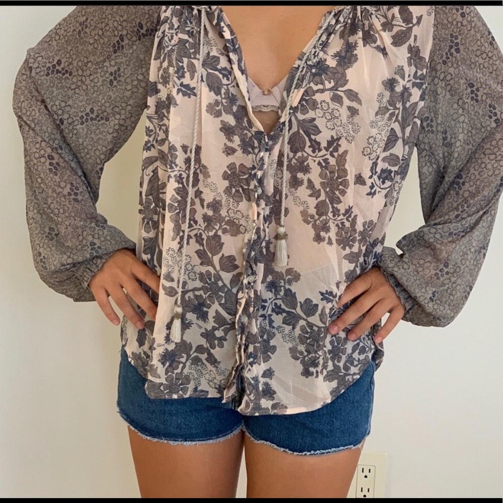 Free People Floral Print Vneck Blouse